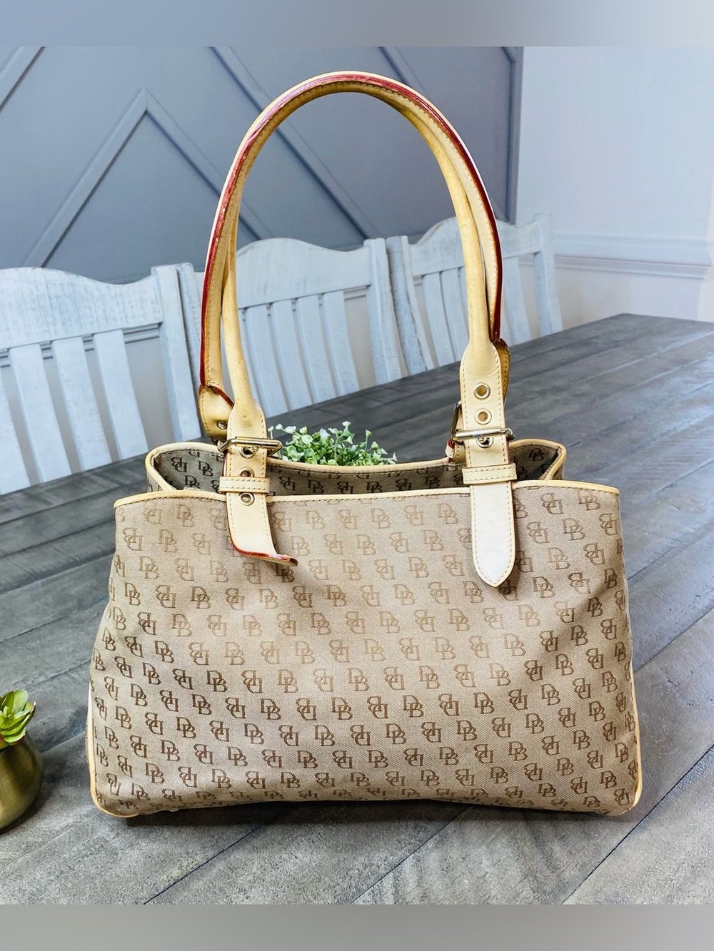 Dooney & Bourke Monogram Canvas Satchel Tote Bag Brown Tan Leather Trim Shoulder